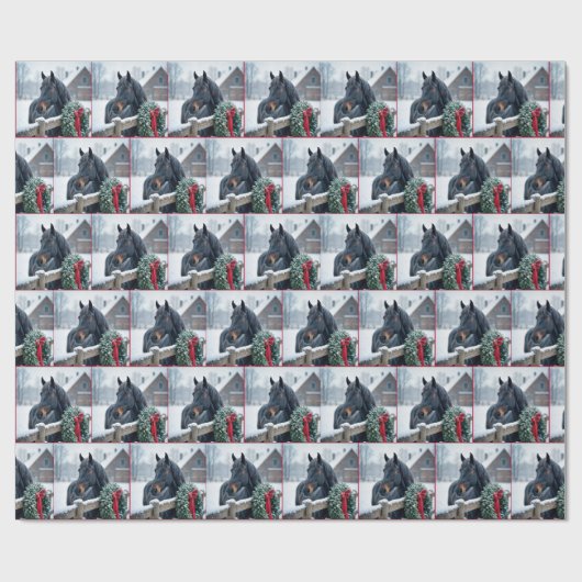 Winterpferd mit Weihnachtskranz Geschenkpapier (Flach)