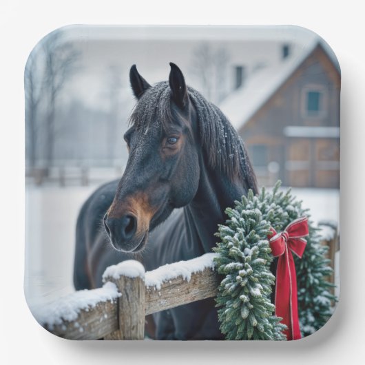 Winterpferd mit Weihnachtskranz Pappteller (Vorderseite)