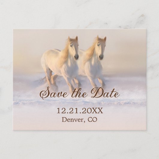 Winterpferde Hochzeit Datum Postkarte speichern (Vorderseite)