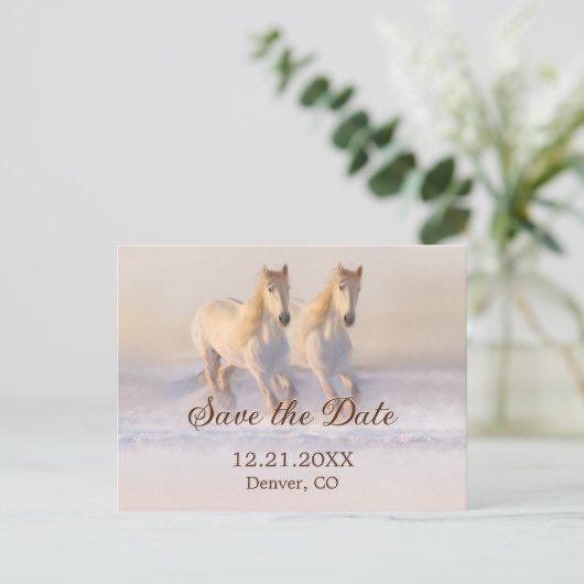 Winterpferde Hochzeit Datum Postkarte speichern (Stehend Vorderseite)