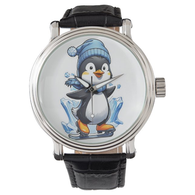 Winterpinguin Eisstockschießen Armbanduhr (Vorderseite)