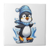 Winterpinguin Eisstockschießen Fliese (Vorderseite)