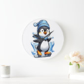 Winterpinguin Eisstockschießen Große Wanduhr (Zuhause)