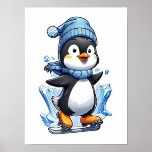 Winterpinguin Eisstockschießen Poster