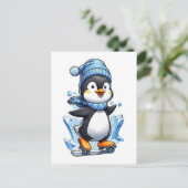 Winterpinguin Eisstockschießen Postkarte (Stehend Vorderseite)