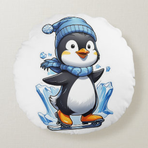 Winterpinguin Eisstockschießen Rundes Kissen