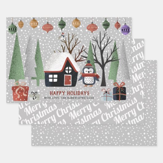 Winterpinguin, frohe Weihnachten und Schneeflocken Geschenkpapier Set (Set)