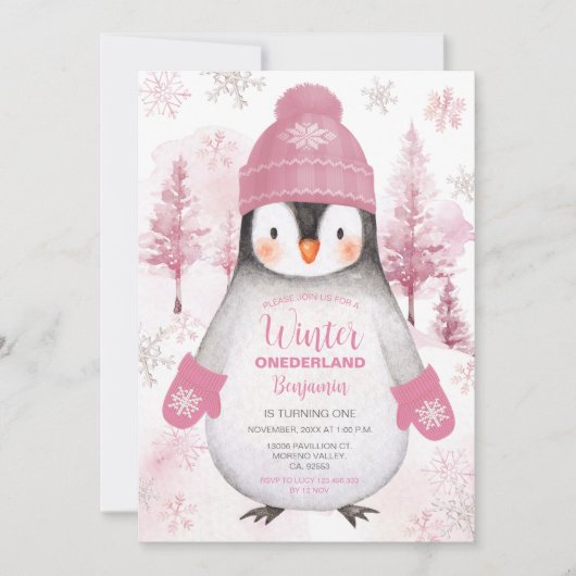 Winterpinguin gestrickt Hat Snowflakes Geburtstag Einladung (Vorderseite)