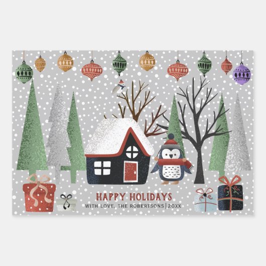 Winterpinguin-Hirsche und Panda-Schneeflocken Weih Geschenkpapier Set (Vorderseite)