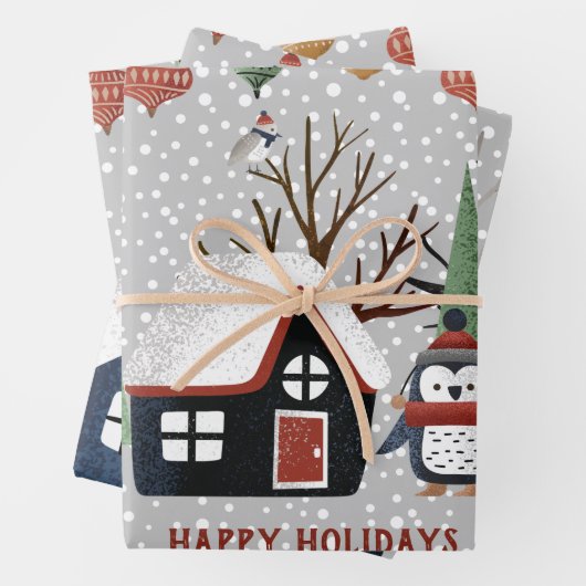 Winterpinguin-Hirsche und Panda-Schneeflocken Weih Geschenkpapier Set (Beispiel)