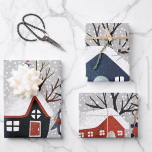 Winterpinguin-Hirsche und Panda-Schneeflocken Weih Geschenkpapier Set
