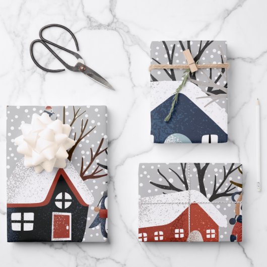 Winterpinguin-Hirsche und Panda-Schneeflocken Weih Geschenkpapier Set (Vorderseite)