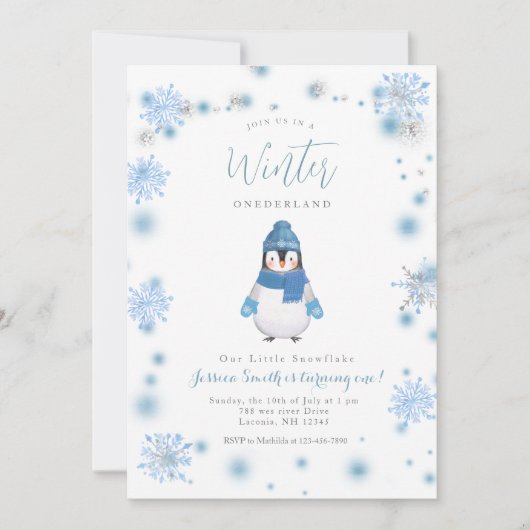 Winterpinguin Winterlandschaft Schneeflocken Einladung (Vorderseite)