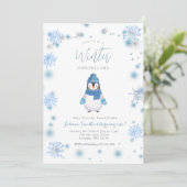 Winterpinguin Winterlandschaft Schneeflocken Einladung (Stehend Vorderseite)