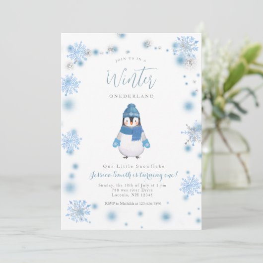 Winterpinguin Winterlandschaft Schneeflocken Einladung (Stehend Vorderseite)