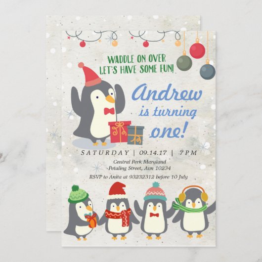 Winterpinguin zum Geburtstag Einladung (Vorne/Hinten)