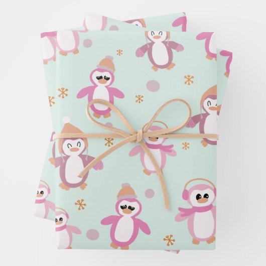 Winterpinguinminze und rosa Urlaub Geschenkpapier Set (Beispiel)