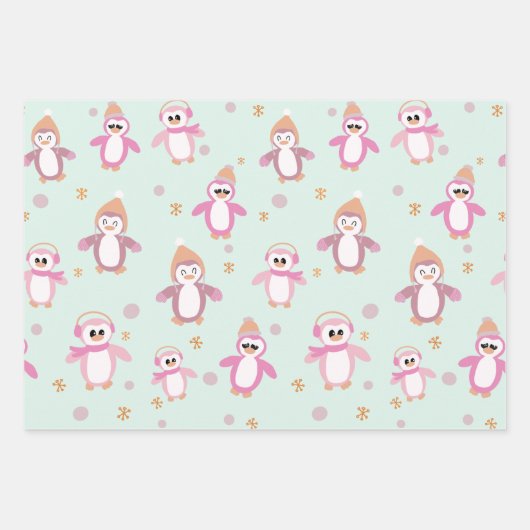 Winterpinguinminze und rosa Urlaub Geschenkpapier Set (Vorderseite)