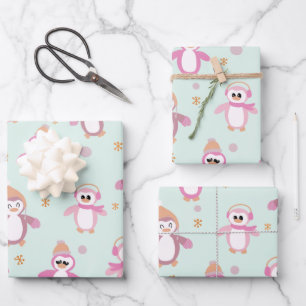 Winterpinguinminze und rosa Urlaub Geschenkpapier Set