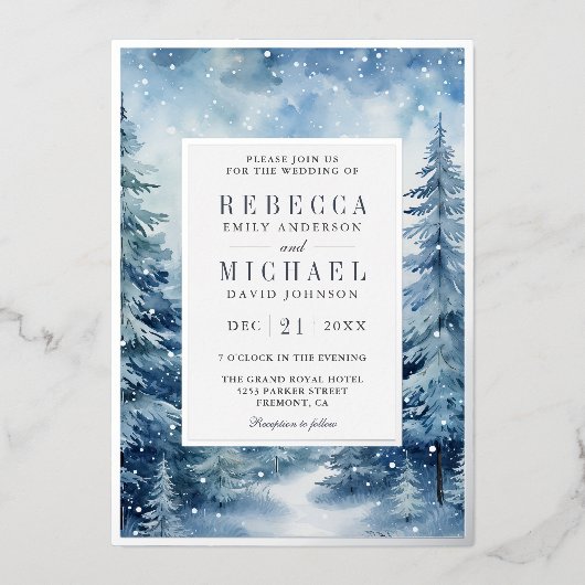 Winterpinienwald - Hochzeit der Snowy-Winterpine Folieneinladung (Vorderseite)