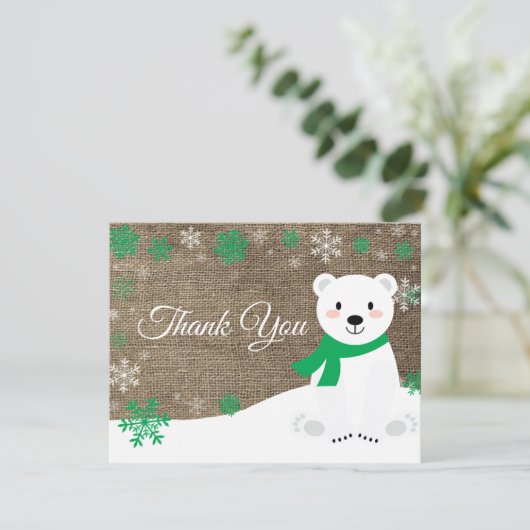 Winterpolarbär Grüne Schneeflocke Danke Karte (Stehend Vorderseite)