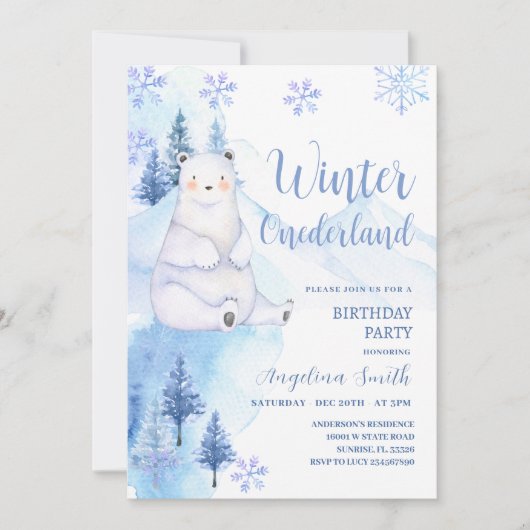 Winterpolarbärchen Schneeflocken Geburtstag Einladung (Vorderseite)