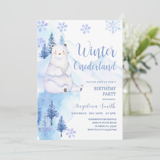Winterpolarbärchen Schneeflocken Geburtstag Einladung (Stehend Vorderseite)