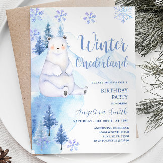 Winterpolarbärchen Schneeflocken Geburtstag Einladung
