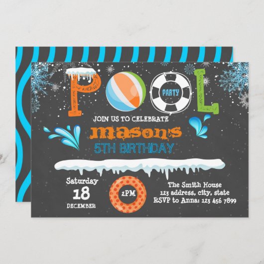 Winterpool-Geburtstagsfeier Einladung (Vorne/Hinten)