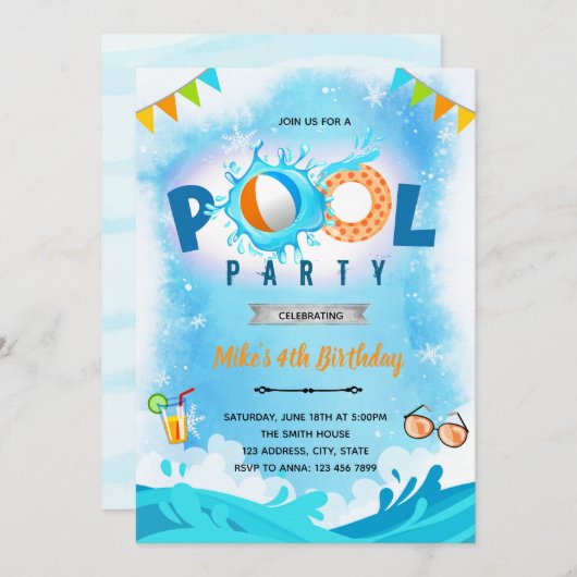Winterpool-Geburtstagsfeier Einladung (Vorne/Hinten)