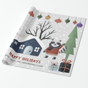 Winterracoon, Bäume und Haus Weihnachten Geschenkpapier