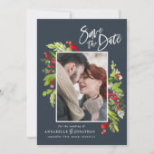 Winterrot-grünes botanisches Foto blau Save The Date (Vorderseite)