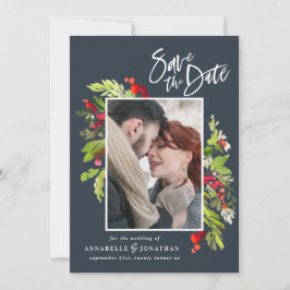 Winterrot-grünes botanisches Foto blau Save The Date