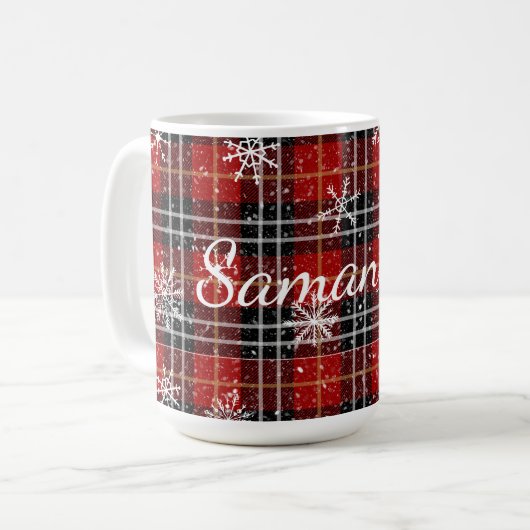 Winterrot Karierter Schneeflocken Personalisiert Kaffeetasse (Vorderseite Links)