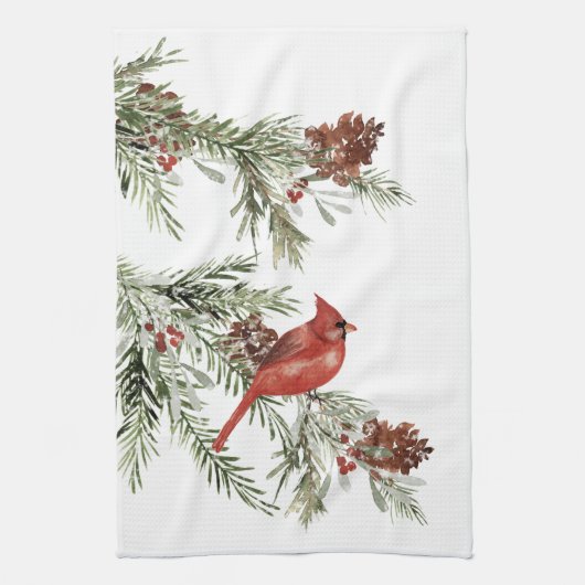 Winterroter Kardinal-Frühlingsbrunnen und -beeren Geschirrtuch (Vertikal)