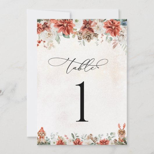 Winterroter Pinecone Hochzeitskarte Tischnummer (Vorderseite)