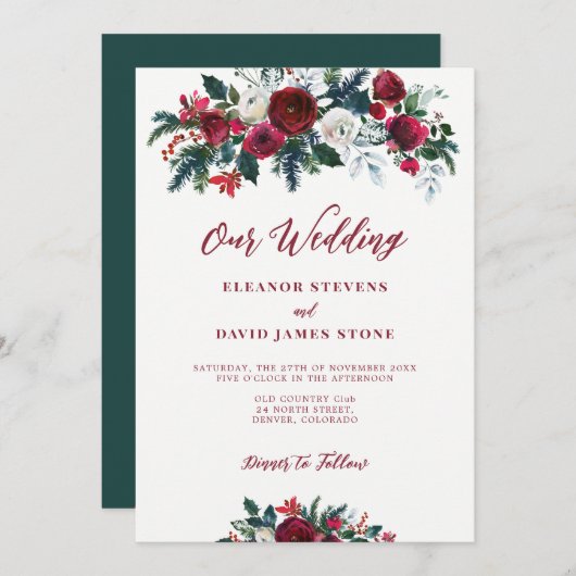 Winterrustikale Bordeaux-Hochzeit mit grünem Blume Einladung (Vorne/Hinten)