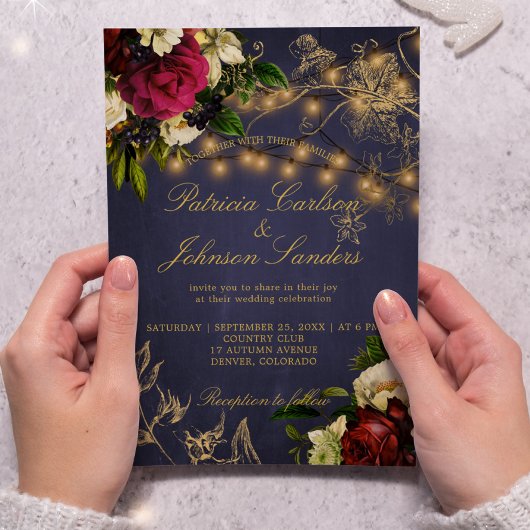 Winterrustikale Lichter blumenburgundische Hochzei Einladung