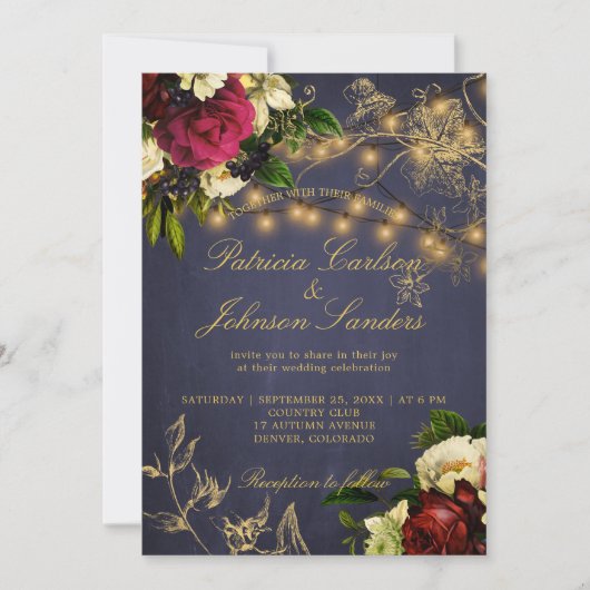 Winterrustikale Lichter blumenburgundische Hochzei Einladung (Vorderseite)