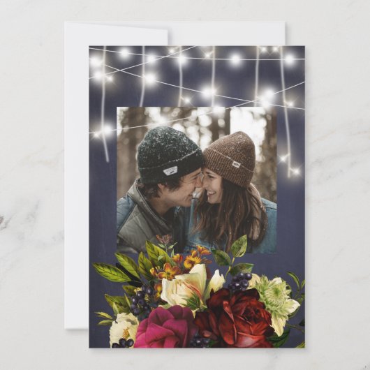 Winterrustikale Lichter marinieren bordeauxrote Fo Save The Date (Rückseite)