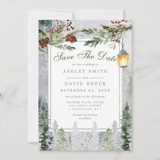 Winterrustikale Pine Lantern Save the Date Karte (Vorderseite)