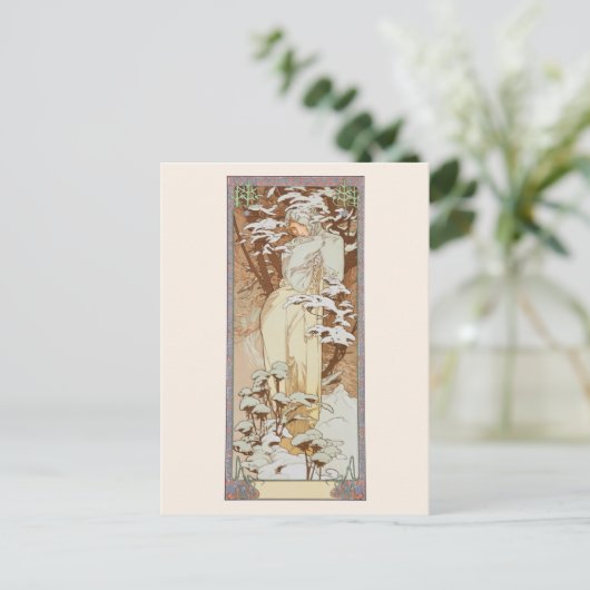 Wintersaison Mode Illustration Alphonse Mucha Postkarte (Stehend Vorderseite)