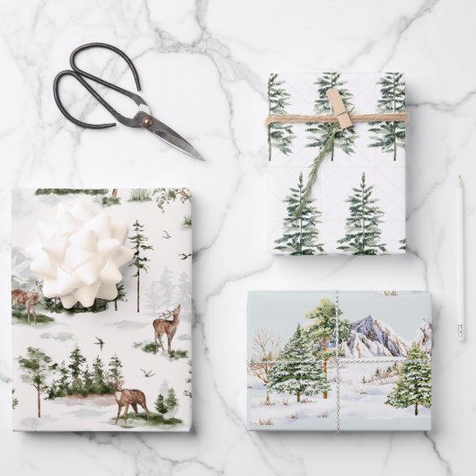 Winterscape Tree Mountains Weihnachtsfeiertag Geschenkpapier Set (Vorderseite)