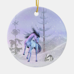 Winterschmuck von Pferd und Kaninchen Keramikornament