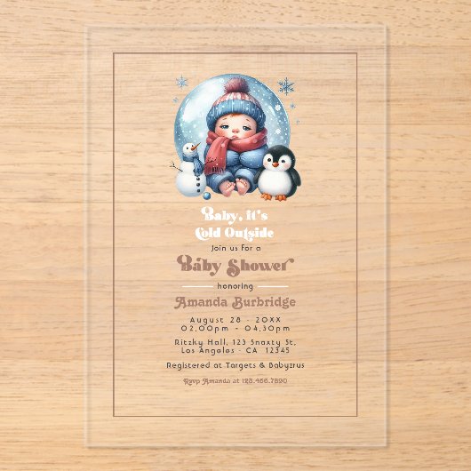 Winterschnee "Baby, es ist kalt draußen!" Babypart Acryleinladungen (Vorderseite)