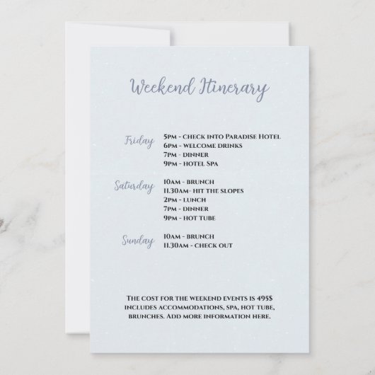 Winterschnee Bachelorette Wochenende Ausflug Einladung (Rückseite)