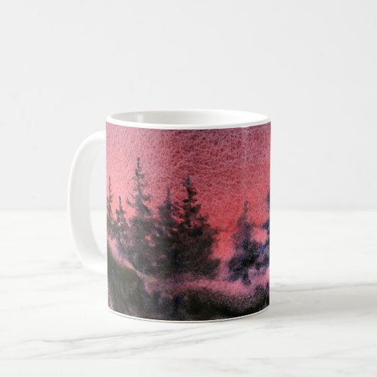 Winterschnee bedeckte Kiefern Roter Sonnenuntergan Kaffeetasse (Vorderseite Links)