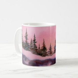Winterschnee bedeckte Kiefernäste rosa Sonnenaufga Kaffeetasse