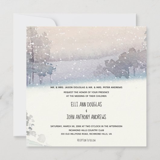 Winterschnee, Blau und Weiß Hochzeit Einladung (Rückseite)