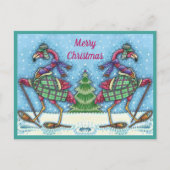 WINTERSCHNEE & COAT PINK FLAMINGO TREKKING FEIERTAGSPOSTKARTE (Vorderseite)